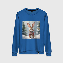 Женский свитшот Новогодний зайчик с подарком в зимнем лесу