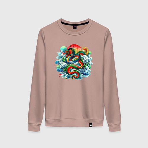 Женский свитшот Японский дракон на фоне солнца - акварель / Пыльно-розовый – фото 1