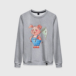 Свитшот хлопковый женский Мультяшный поросенок с сачком, цвет: меланж