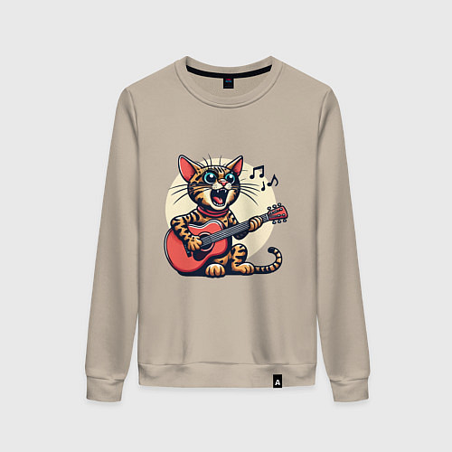 Женский свитшот Забавный полосатый кот играет на гитаре / Миндальный – фото 1