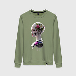 Свитшот хлопковый женский Фантастическая девушка робот цветы и механизм, цвет: авокадо