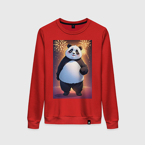 Женский свитшот Панда в свитере под салютом - ai art / Красный – фото 1