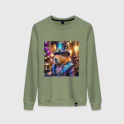 Женский свитшот Мем капибара в цилиндре стиль стимпанк