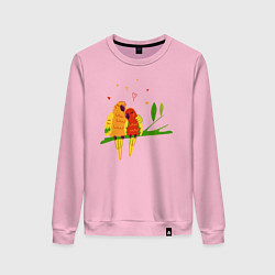 Свитшот хлопковый женский Пара влюбленных попугаев на ветке, цвет: светло-розовый