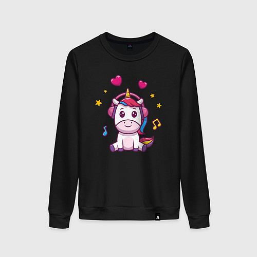 Женский свитшот Единорог в наушниках / Черный – фото 1