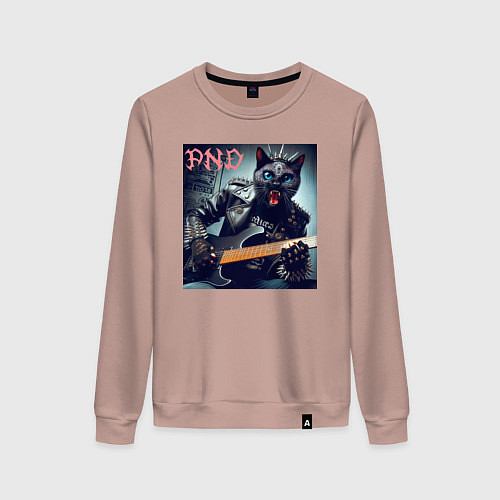 Женский свитшот Чёрный котяра - панк гитарист / Пыльно-розовый – фото 1