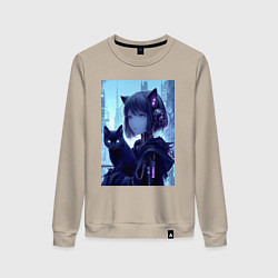 Свитшот хлопковый женский Девчонка кошка с котёнком - нейросеть, цвет: миндальный