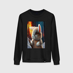 Свитшот хлопковый женский Заяц в огненном лесу, цвет: черный
