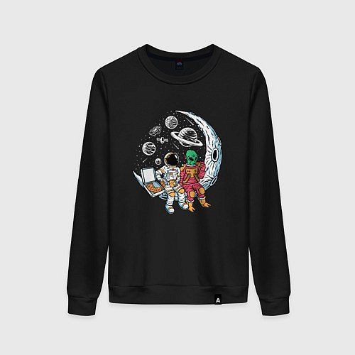 Женский свитшот Астронавт и пришелец едят пиццу / Черный – фото 1
