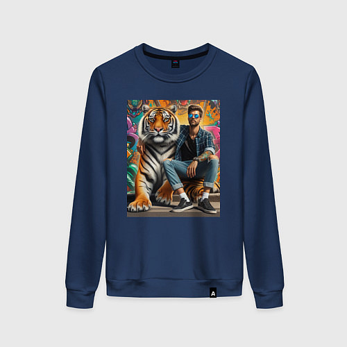 Женский свитшот Чувак хипстер с тигром - нейросеть / Тёмно-синий – фото 1