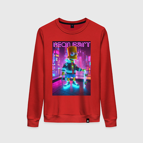 Женский свитшот Neon Bart - with skateboard ai art fantasy / Красный – фото 1