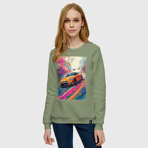 Женский свитшот Nissan GT-R дрифт в городе / Авокадо – фото 3