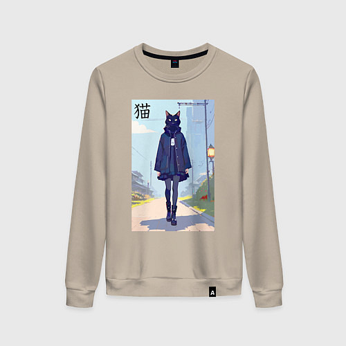 Женский свитшот Чёрная кошечка на своём районе - нейросеть / Миндальный – фото 1