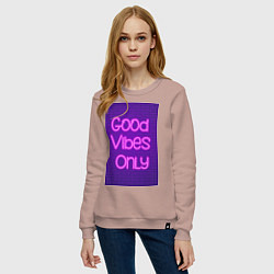 Свитшот хлопковый женский Неоновая надпись good vibes only и кирпичная стена, цвет: пыльно-розовый — фото 2