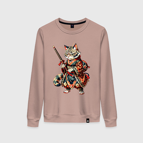 Женский свитшот Кот ниндзя - японский воин / Пыльно-розовый – фото 1
