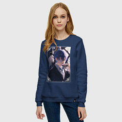Свитшот хлопковый женский Тёмный дворецкий Сиэль Фантомхайв пьет чай, цвет: тёмно-синий — фото 2