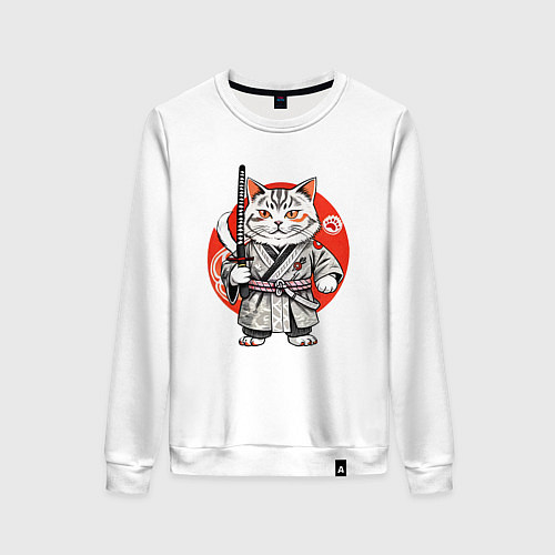 Женский свитшот Ниндзя кот с саблей красное солнце / Белый – фото 1