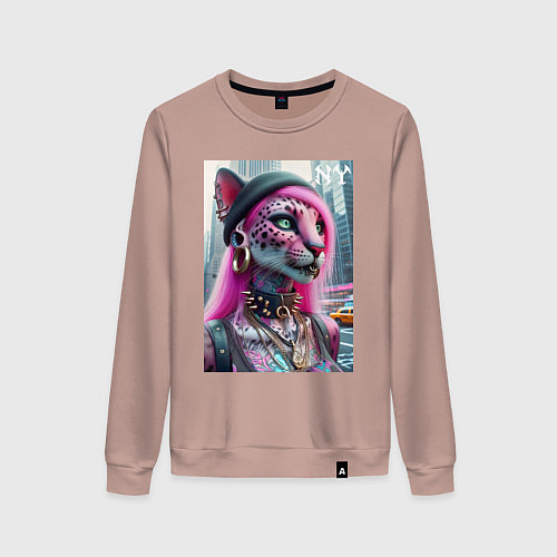 Женский свитшот Панк девушка-леопард в татухах в Нью-Йорке / Пыльно-розовый – фото 1