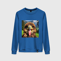 Свитшот хлопковый женский Забавный орел с высунутым языком в горах, цвет: синий