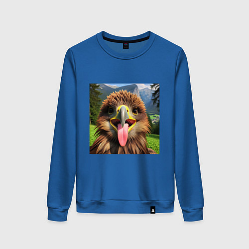 Женский свитшот Забавный орел с высунутым языком в горах / Синий – фото 1