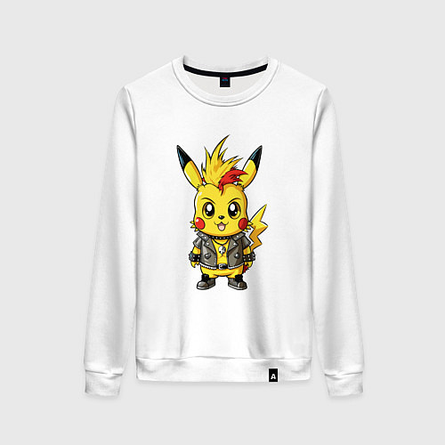 Женский свитшот Пикачу панк с ирокезом и в косухе / Белый – фото 1