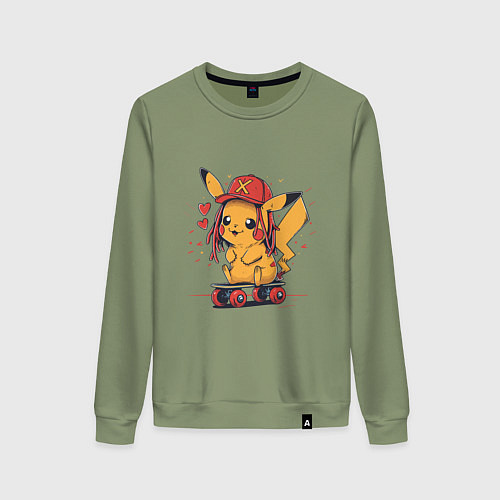 Женский свитшот Пикачу в кепке на скейте / Авокадо – фото 1