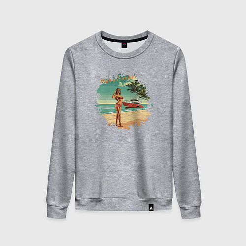 Женский свитшот Девушка с яхтой на пляже / Меланж – фото 1