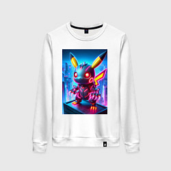 Свитшот хлопковый женский Ужасный пикачу - нейроарт неоновое свечение, цвет: белый
