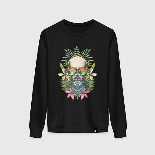 Женский свитшот Бородатый череп хипстер в цветах / Черный – фото 1
