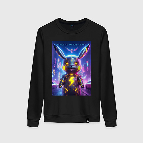 Женский свитшот Cyber Pikachu - metal style neon glow / Черный – фото 1