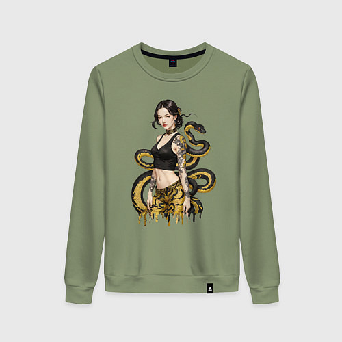 Женский свитшот Женщина и чёрно-жёлтая змея за её спиной / Авокадо – фото 1