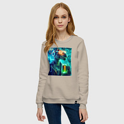 Свитшот хлопковый женский Крутой Дино в неоновых очках - нейроарт, цвет: миндальный — фото 2