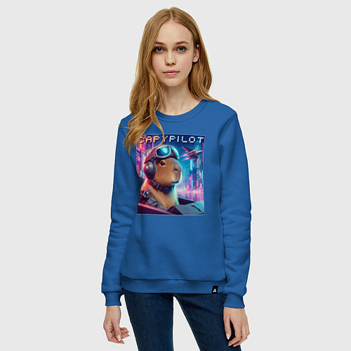 Женский свитшот Capybara is a cool pilot - ai art fantasy / Синий – фото 3