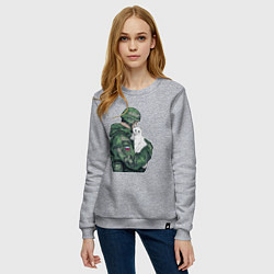 Свитшот хлопковый женский Русский солдат с белой кошечкой, цвет: меланж — фото 2