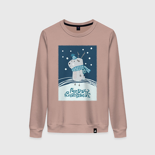 Женский свитшот Новогодний олень с шарфом / Пыльно-розовый – фото 1