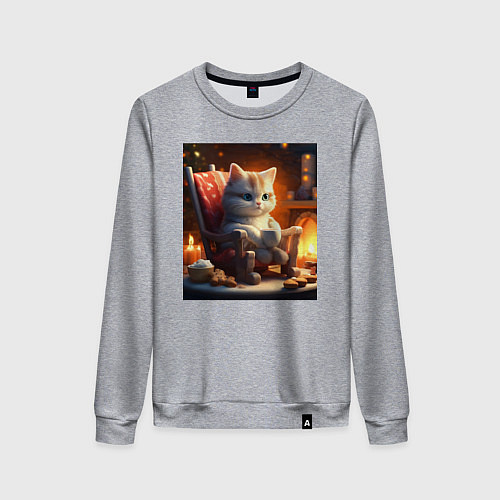Женский свитшот Уютный кот у камина с чашкой какао / Меланж – фото 1