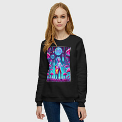 Свитшот хлопковый женский Rick and Morty among neon mushrooms - ai art fanta, цвет: черный — фото 2