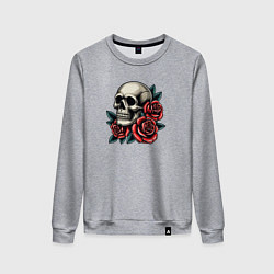 Свитшот хлопковый женский Череп с красными розами и листьями, цвет: меланж