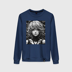 Свитшот хлопковый женский Аниме портрет девушки в черно-белом цвете, цвет: тёмно-синий