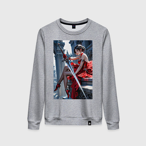 Женский свитшот Девушка в красном платье с мечем / Меланж – фото 1