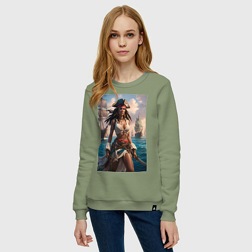 Женский свитшот Пиратка на фона флотилии кораблей / Авокадо – фото 3