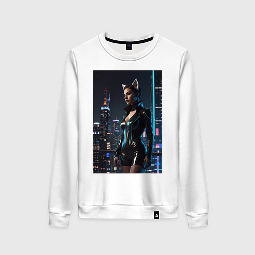 Женский свитшот Девушка с кошачьими ушами стоит на фоне небоскребо / Белый – фото 1