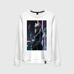 Женский свитшот Девушка с кошачьими ушами стоит на фоне небоскребо