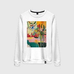 Свитшот хлопковый женский Абстрактная тропическая картина, цвет: белый