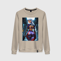 Свитшот хлопковый женский Девушка с оружием в киберпанк стиле, цвет: миндальный