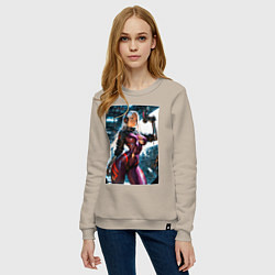 Свитшот хлопковый женский Девушка с оружием в киберпанк стиле, цвет: миндальный — фото 2