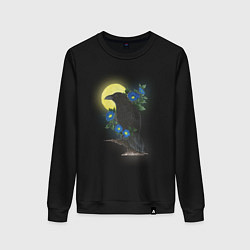 Женский свитшот Чёрный ворон на ветке под луной среди синих цветов