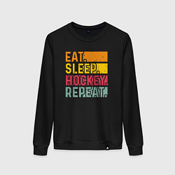 Свитшот хлопковый женский Еда сон хоккей, цвет: черный