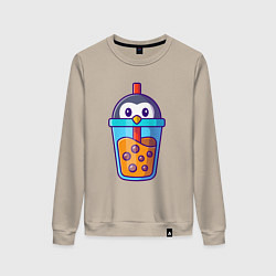 Свитшот хлопковый женский Пингвинчик и напиток, цвет: миндальный