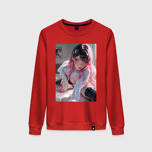 Женский свитшот Девушка в откровенном наряде на кровати / Красный – фото 1